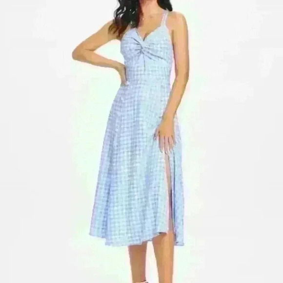 Summer midi checkered Blue dress Size  med - Picture 3 of 10